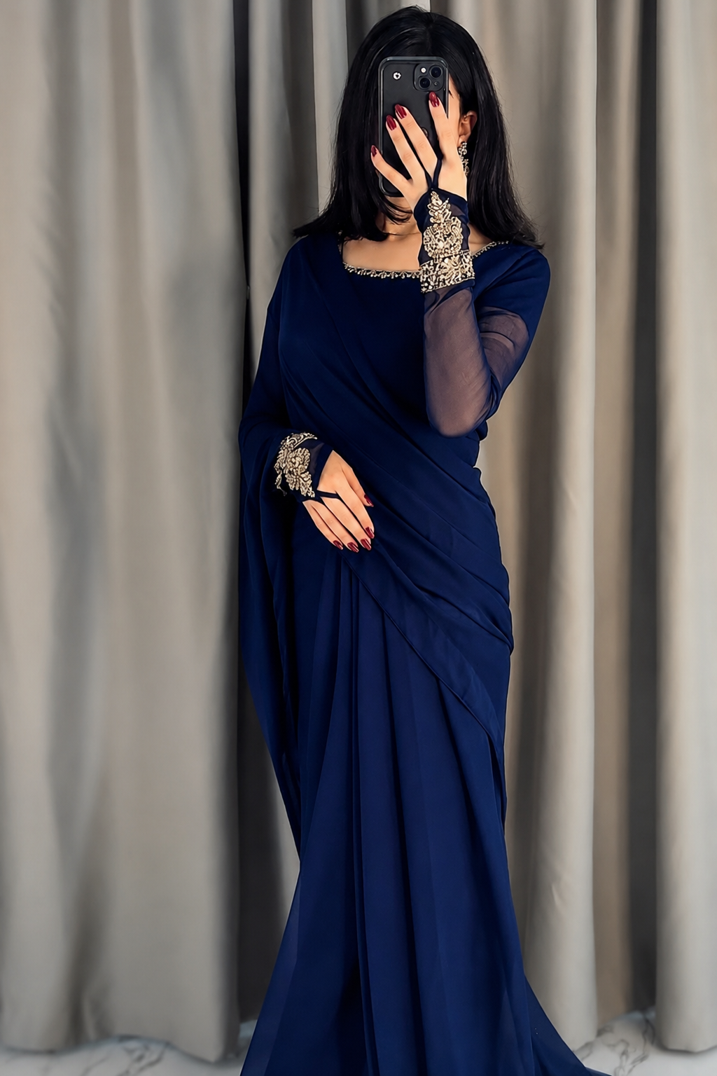 Imperial Motif Black Chiffon Saree | Embroidered Sleeve Bunches | Traditional Apparels