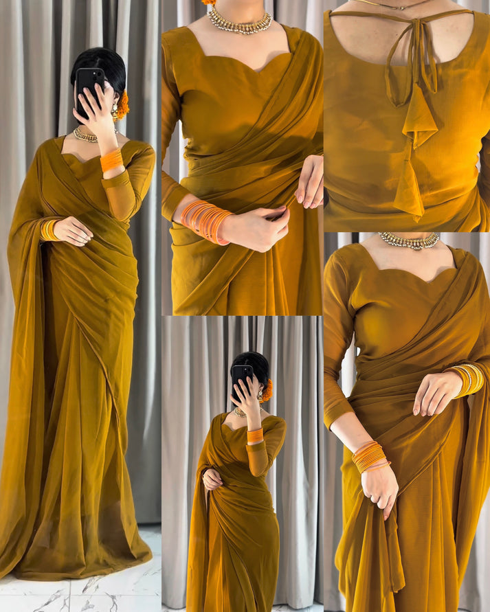 Zarif Ready to Wear Chiffon Saree I Premium Stitched Saree Set with Blouse