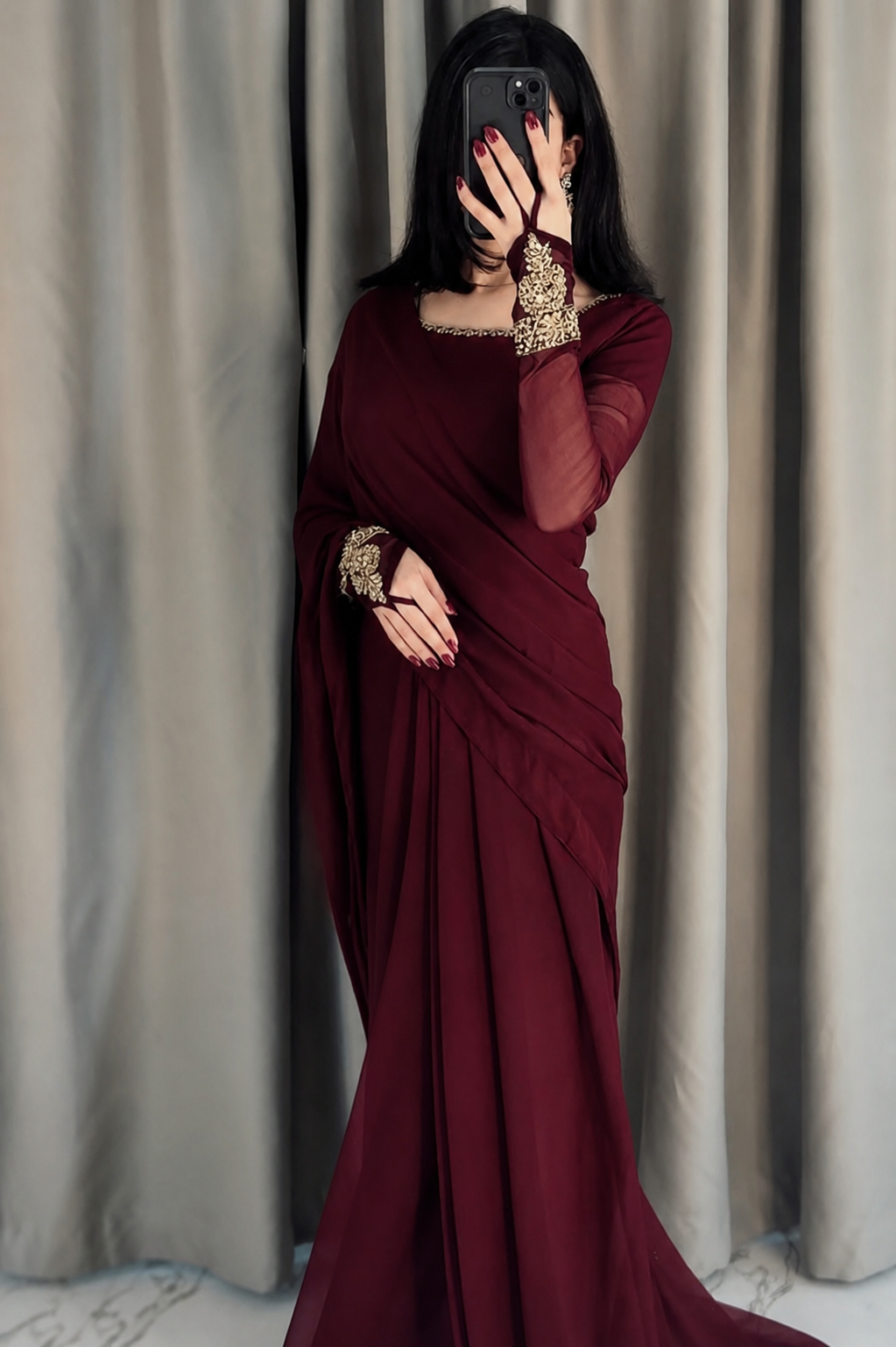 Imperial Motif Black Chiffon Saree | Embroidered Sleeve Bunches | Traditional Apparels